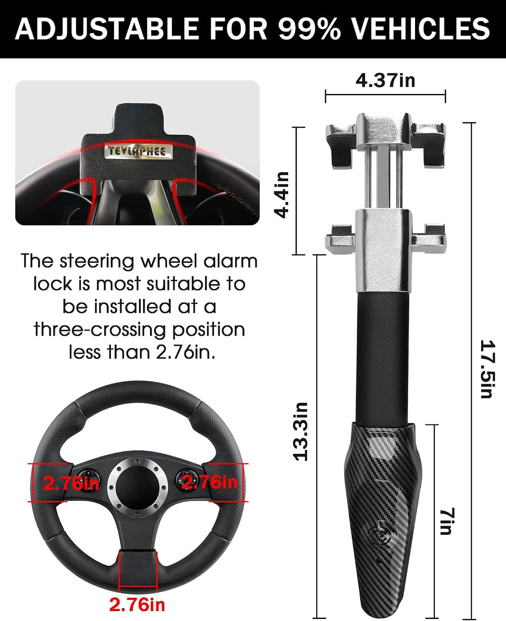 Tevlaphee Steering Wheel Lock with Alarm,Heavy Duty Anti-Theft Car Device Car Lock Car Theft Prevention Universal Fit for Vehicle Truck Van SUV Car Security with 2 Keys