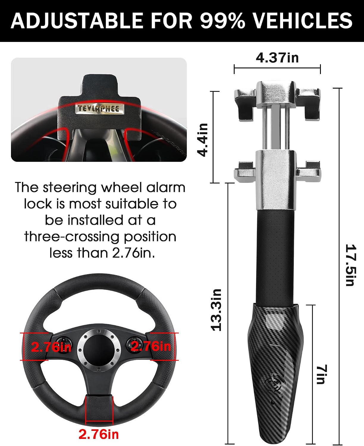 Tevlaphee Steering Wheel Lock with Alarm,Heavy Duty Anti-Theft Car Device Car Lock Car Theft Prevention Universal Fit for Vehicle Truck Van SUV Car Security with 2 Keys