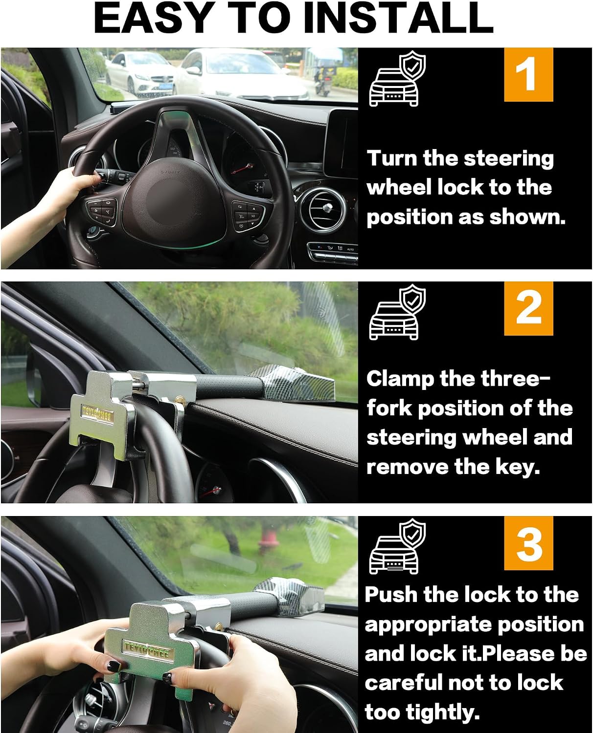 Tevlaphee Steering Wheel Lock with Alarm,Heavy Duty Anti-Theft Car Device Car Lock Car Theft Prevention Universal Fit for Vehicle Truck Van SUV Car Security with 2 Keys